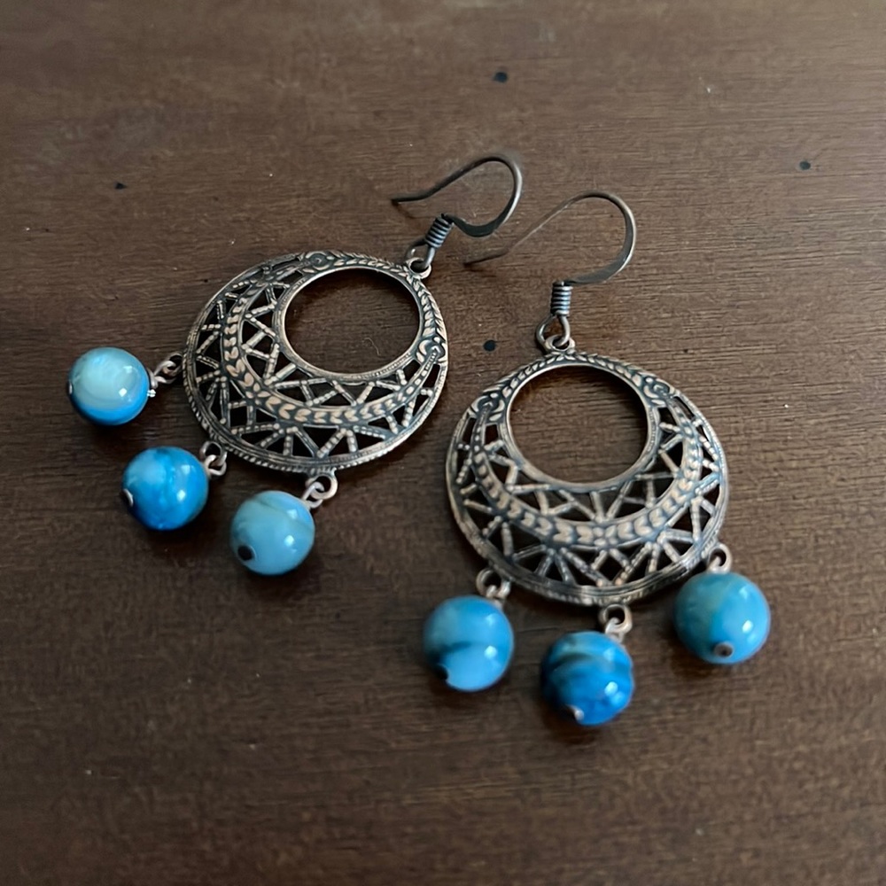 Blue Gemstone Chandelier Earrings on Antique Copper